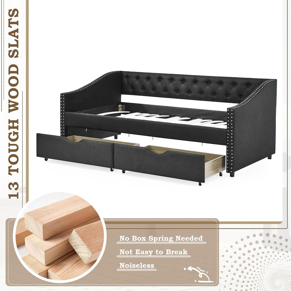 Daybed with Drawers, Modern Linen Upholstered Twin Size Day Bed Button-Tufted...