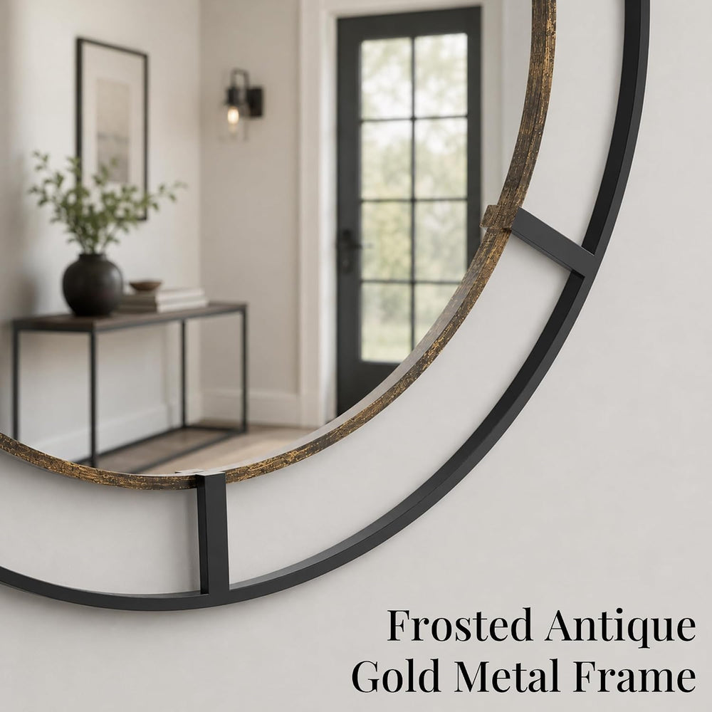30 Inch Round Wall Mirror, Black & Antique Gold, Bathroom, Entryway