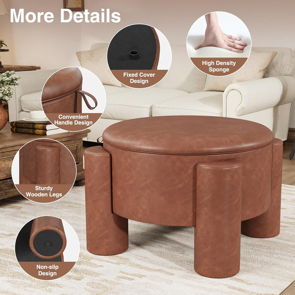 FiveWillowise 24 Inch Small Round Ottoman with Storage,Faux Leather