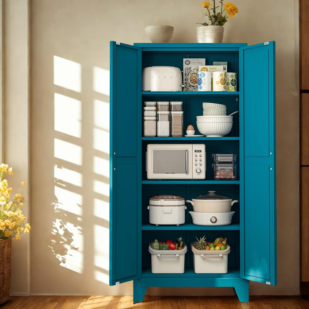 Tall Kitchen Pantry Storage Cabinet,Metal Blue Cabinets With Doors and Adjust...