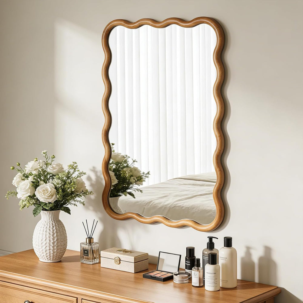 WallBeyond 24"x36" Wavy Wood Mirror, Natural Wood Boho Accent Wall ...