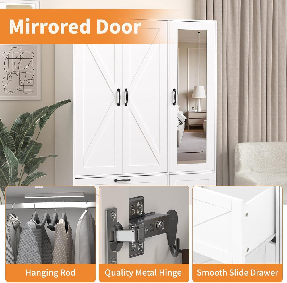 Armoire Wardrobe Closet with Mirror Door and LED Lights,3 Doors Farmhouse Bed...