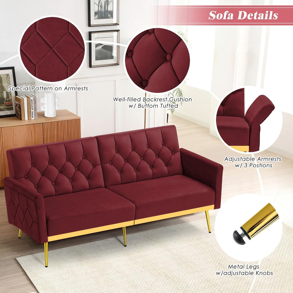 Velvet Sofa Bed w/Adjustable Armrests & Backrests, Red