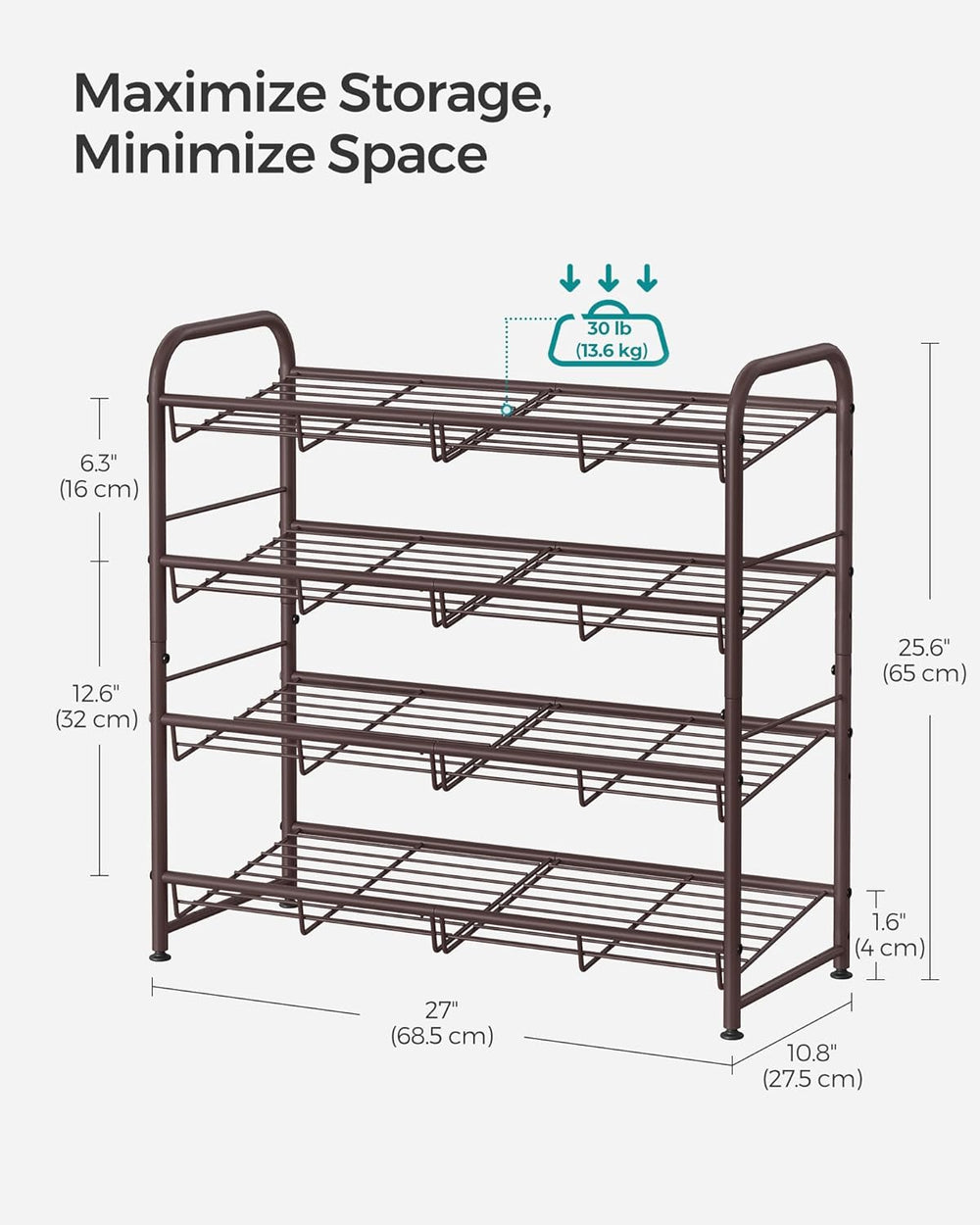 SONGMICS Stackable Shoe Rack, 4 Tier Metal Shoes Rack Storage Shelf, Holds up...