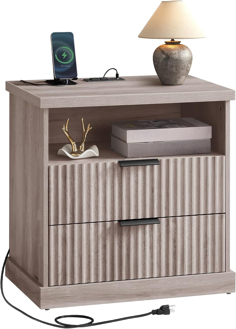VASAGLE MAXE Collection - Nightstand with Charging Station, Bedside Table, Si...