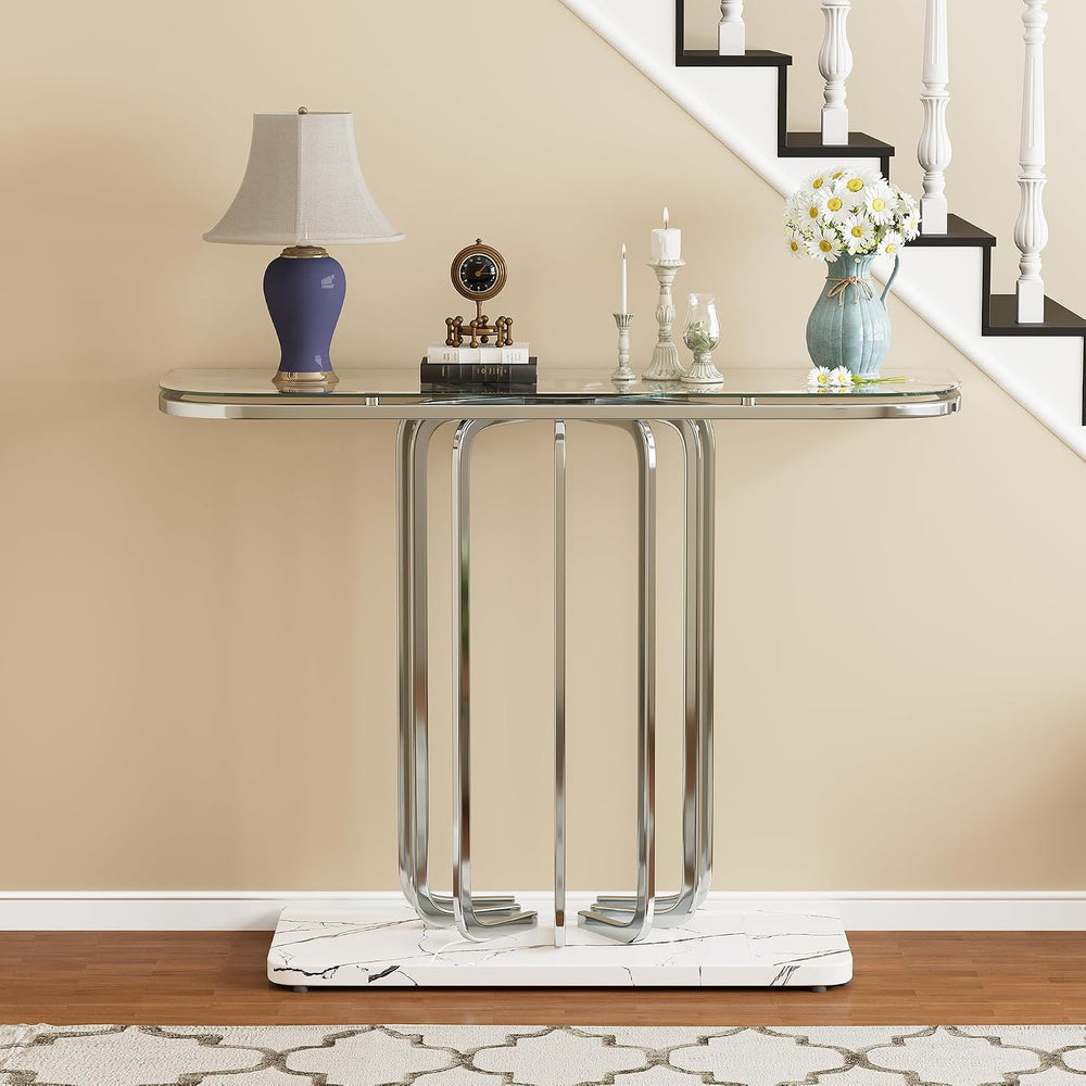 O&K FURNITURE 43" Modern Glass Console Table with Curved Chrome Fram...