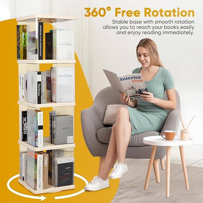 FAHKNS 4 Tier Rotating Bookshelf,360°Display Floor Standing Bookcase,Book She...