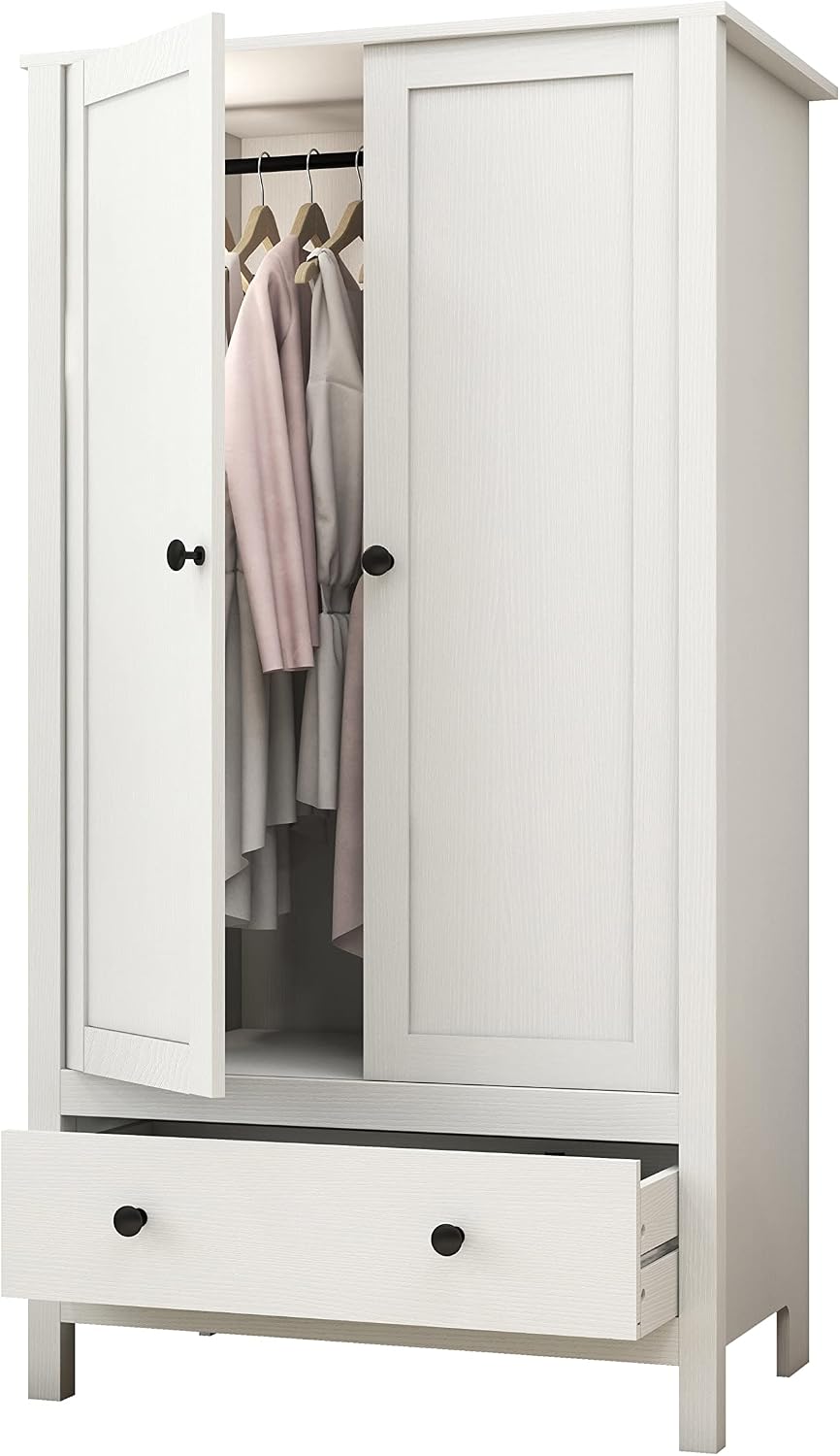 Panana 2 Door Wardrobe, Armoire with Drawer for Bedroom (White)