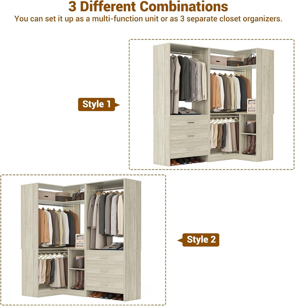 Aheaplus Closet System with 3 Drawers, L-Shaped Closet,Set of 2, White Oak