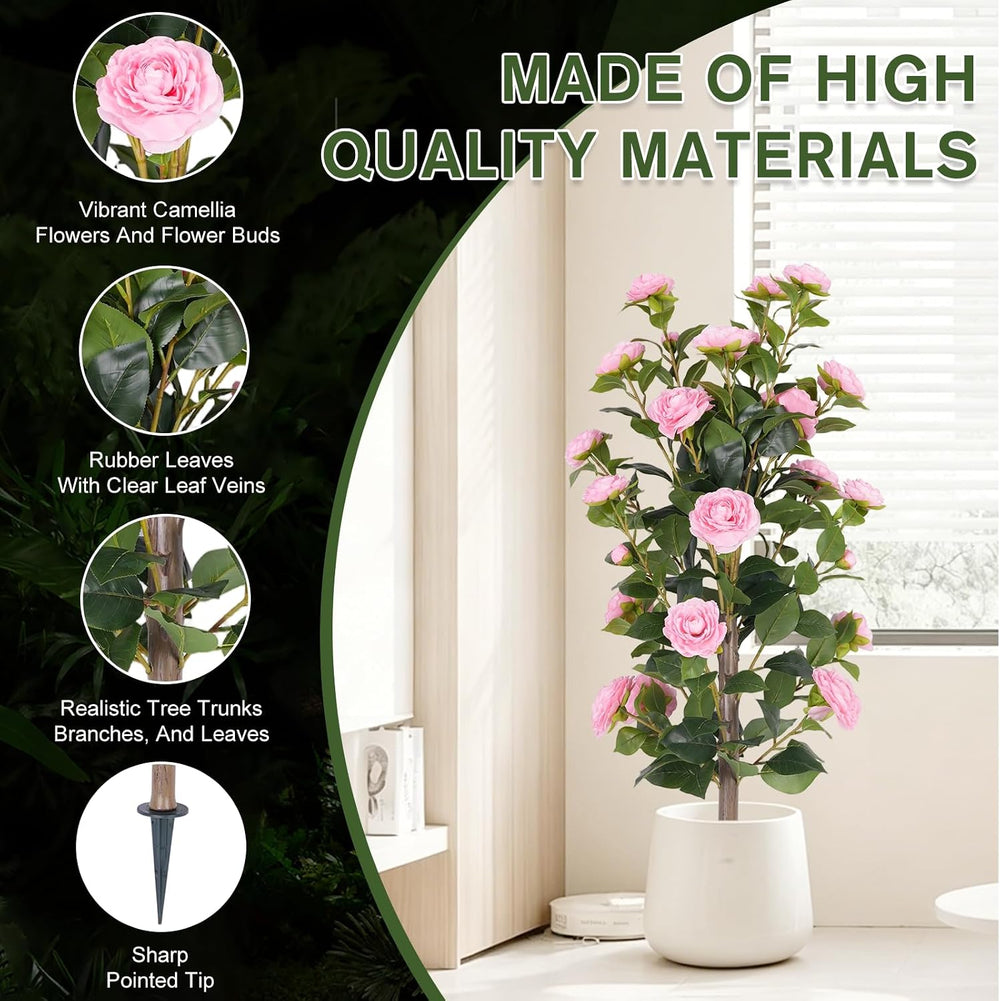DLD 2-Pack 3FT UV Resistant Red Artificial Camellia Flowers, Vibrant Faux Cam...