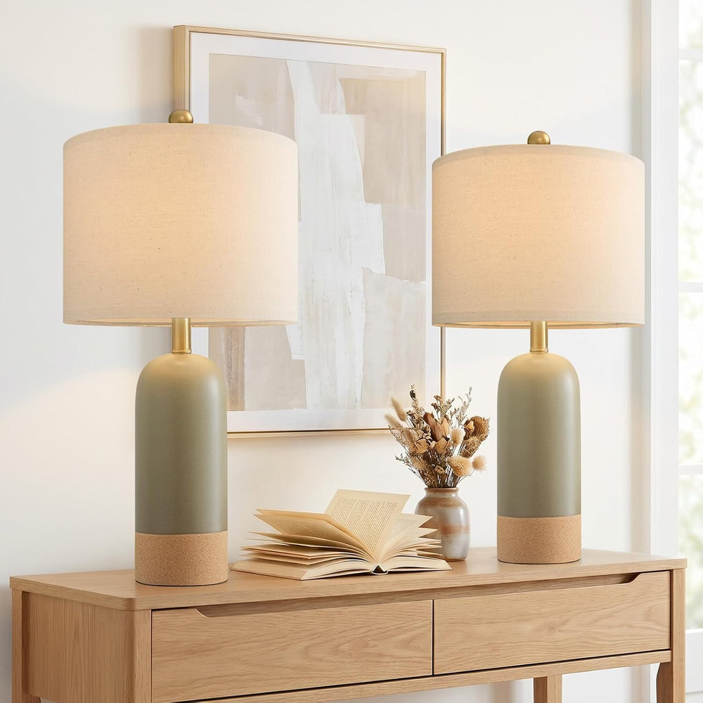 PoKat 24'' Hand-Textured Green Table Lamps, Farmhouse Bedside Lamp Se...