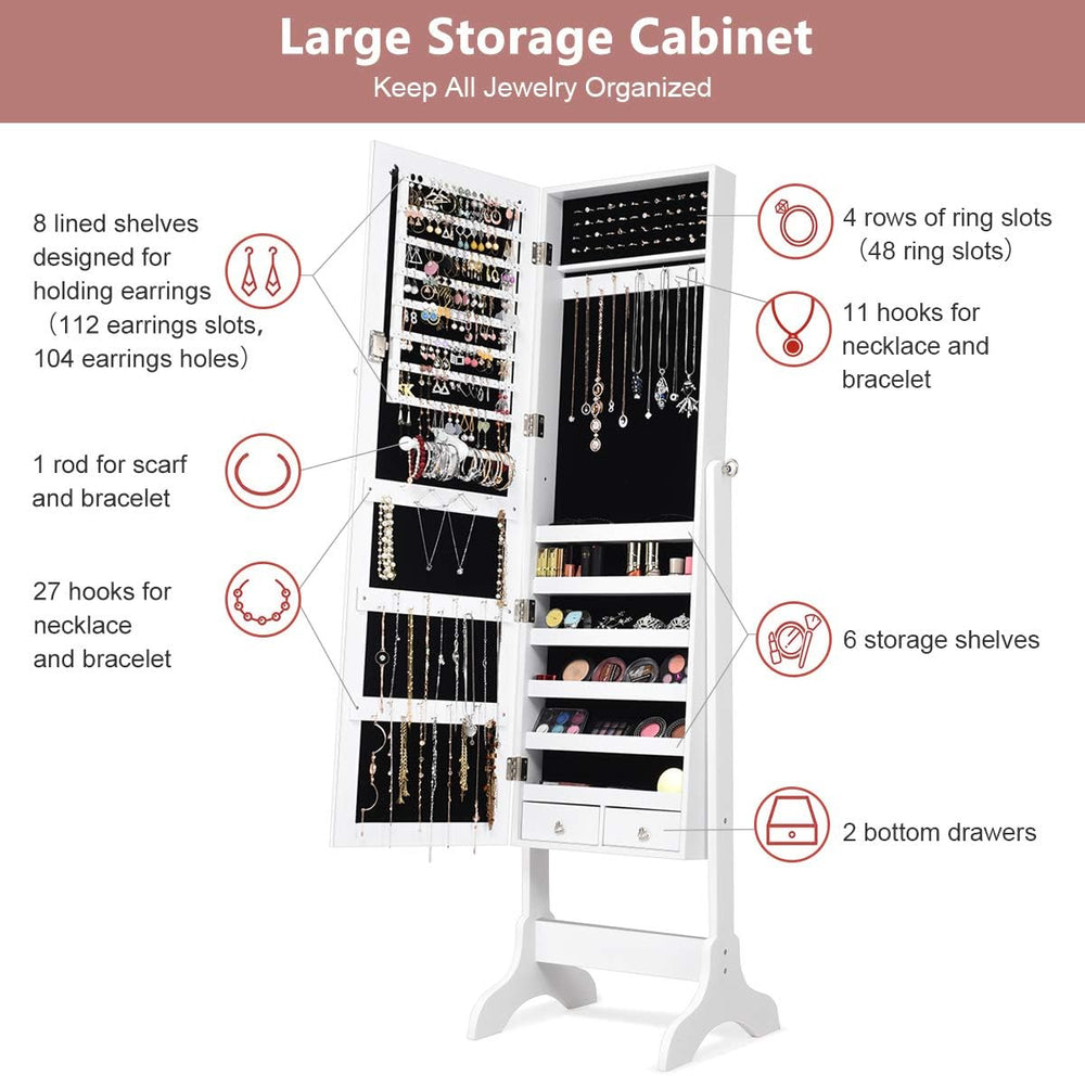 WATERJOY Jewelry Organizer with Full Body Standing Mirror Jewelry Holder Stor...