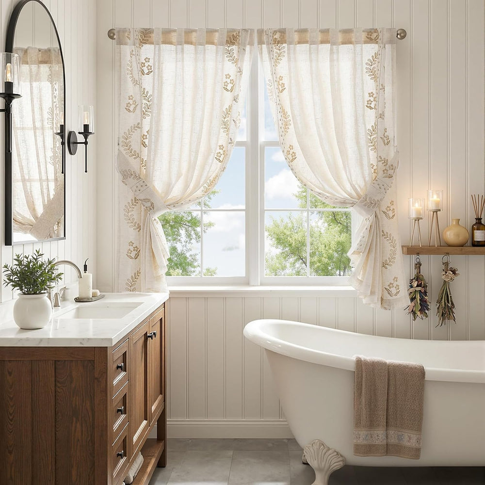 jinchan Beige Floral Linen Kitchen Tier Curtains 50x54 Inch 2 Panels