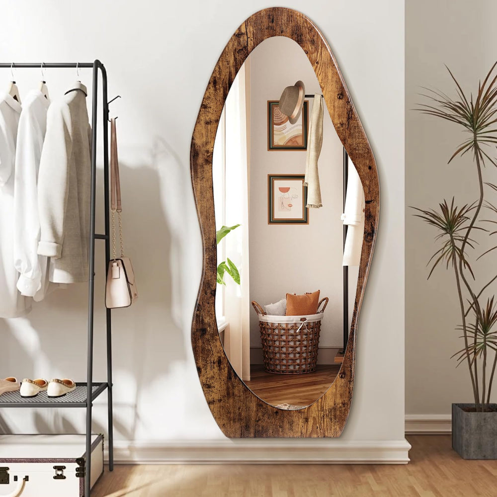 Full Length Mirror Wood Framed Full Body Mirror Wavy Retro Brown