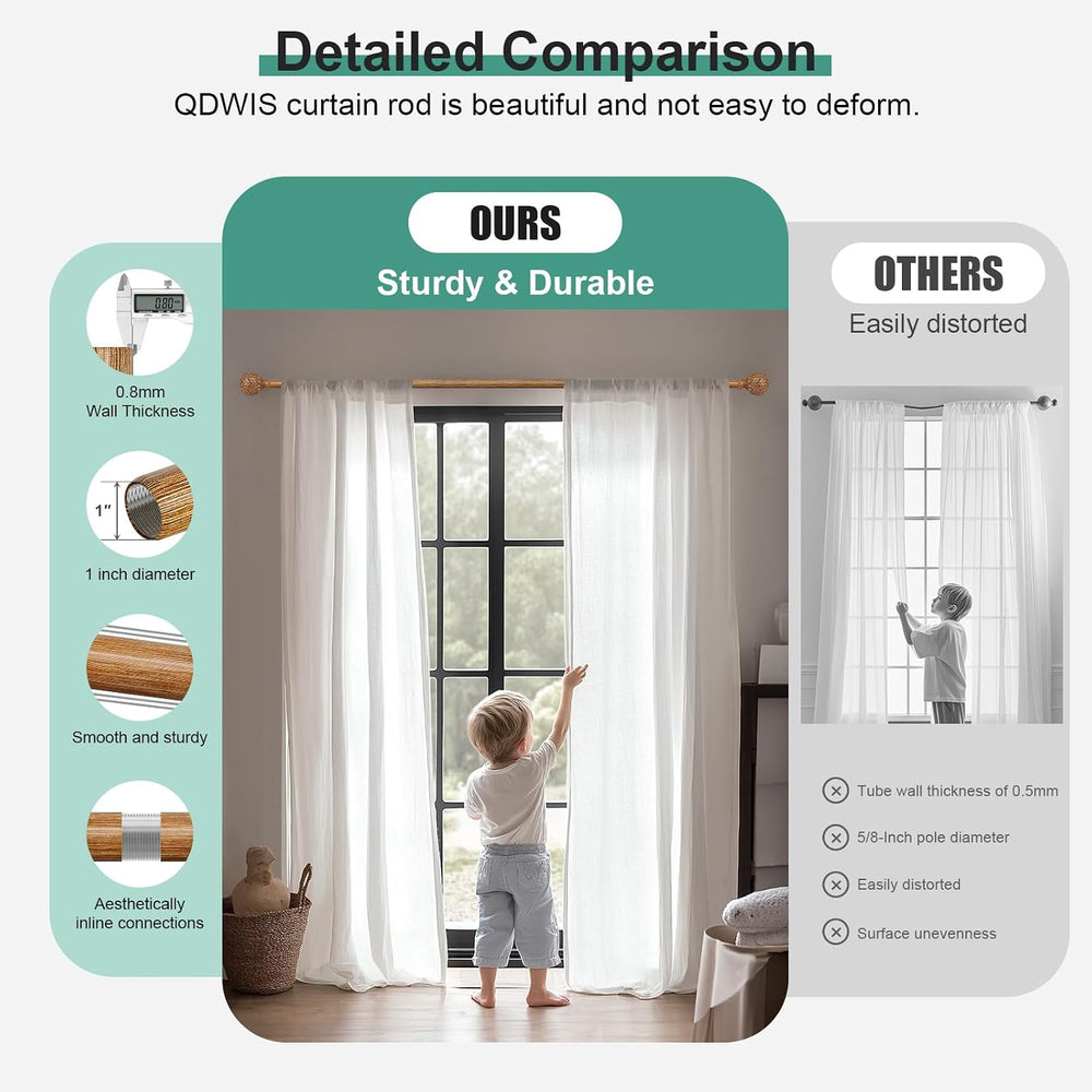 QDWIS Wood Curtain Rods for Windows 66 to 120 Inch, 1'' Adjustable De...