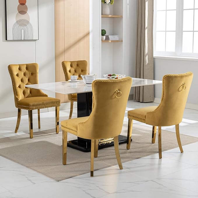 Luxury Upholstered Dining Chairs Set of 2, Yellow Kitchen Chair with Golden M...