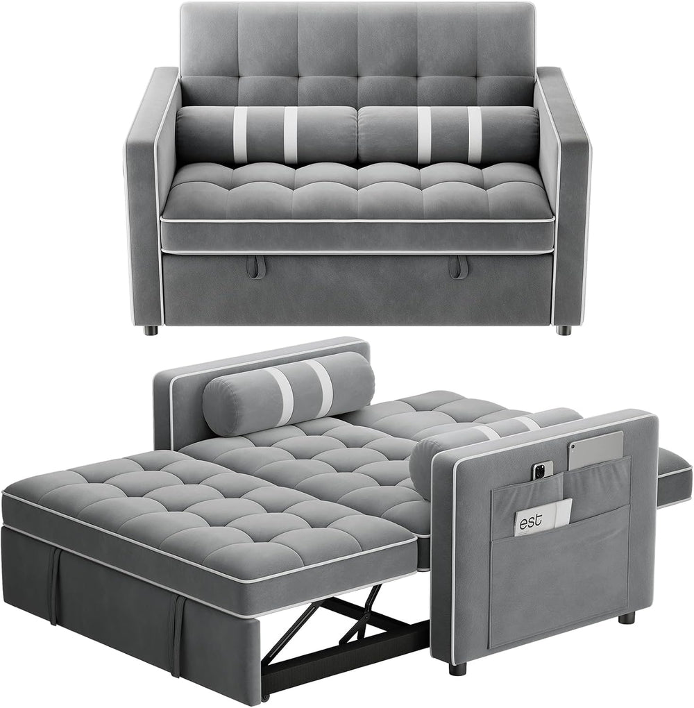 Marsail Futon Sleeper Sofa Bed, Convertible Pull Out Couch, Light Gray