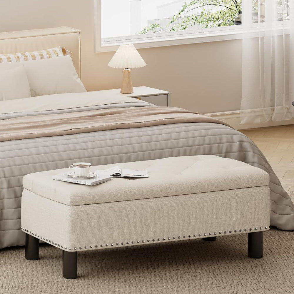 Furniliving Large Storage Ottoman, Beige, Wood Frame, Linen Fabric, 285 Lbs C...
