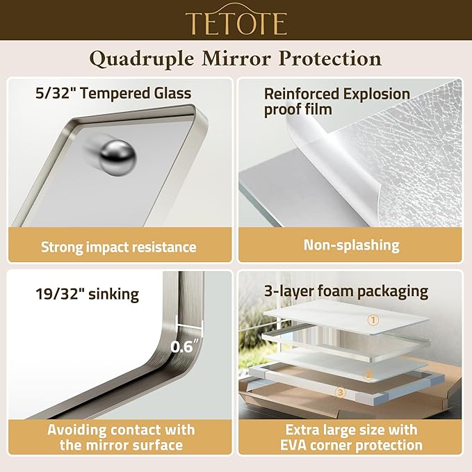 TETOTE Brushed Nickel Mirror 28 x 36 Brushed Nickel Metal Framed Bathroom Mir...
