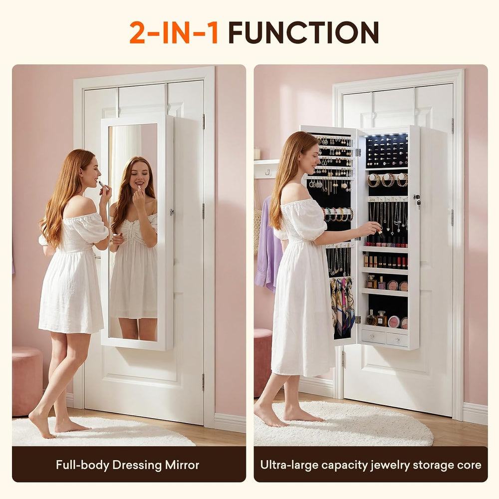 Antok 6 LEDs Jewelry Cabinet with Lock, 50" Full Length Mirror Wall Moun...
