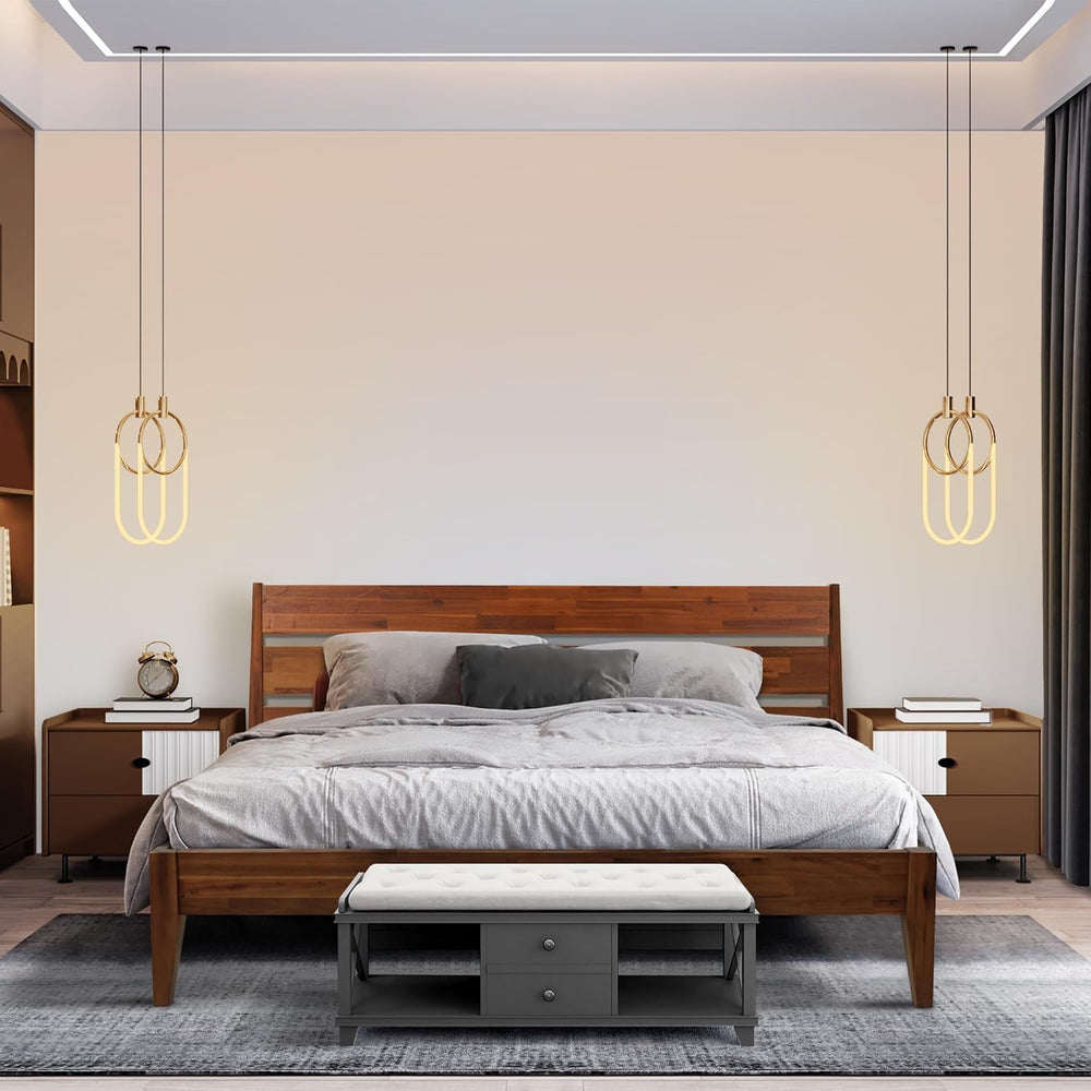Emery Acacia Solid Wood Queen Platform Bed, Mid-Century, Chocolate.