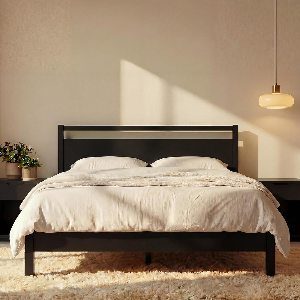 LIFEMENT Signature Wood Platform Bed Frame with Headboard, Essential, Noise F...