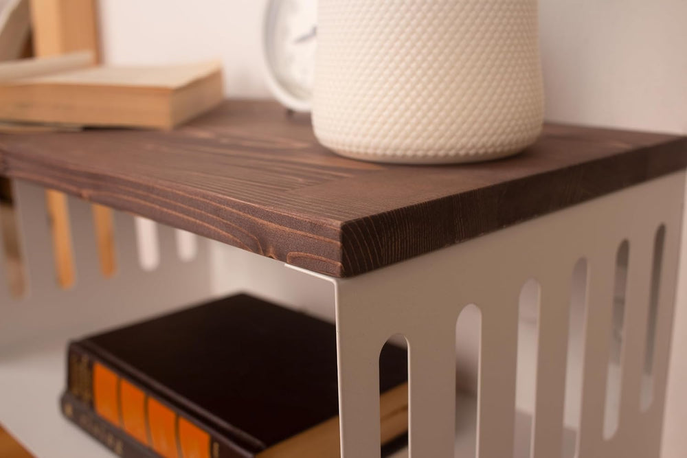Floating Nightstand with White Metal Base, Wooden Top and Sturdy Metal Base, ...