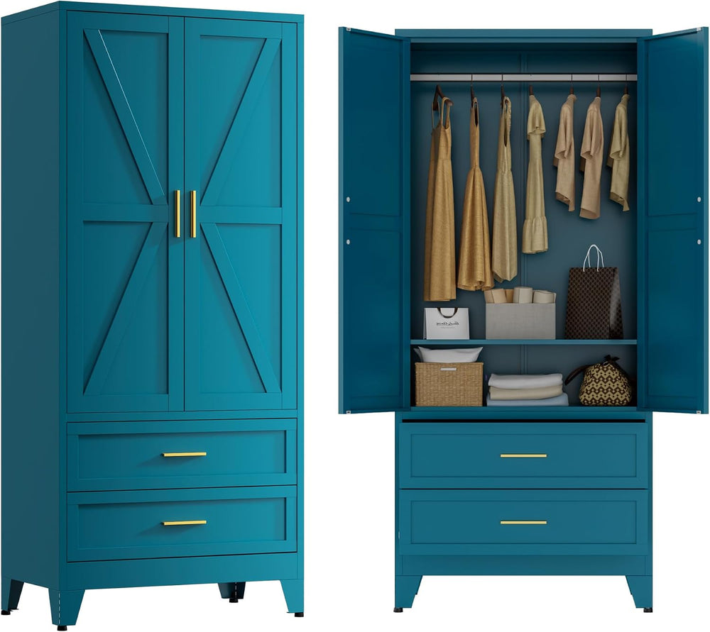 Metal Wardrobe Closet with Doors, 71" Tall Armoire Wardrobe with 2 Drawe...