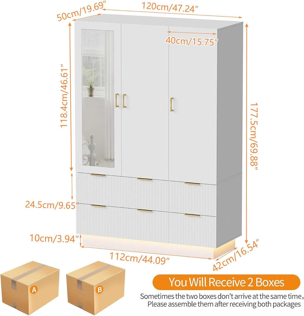 PAKASEPT Armoire Wardrobe Closet with 3 Door, Mirror, LED Lights