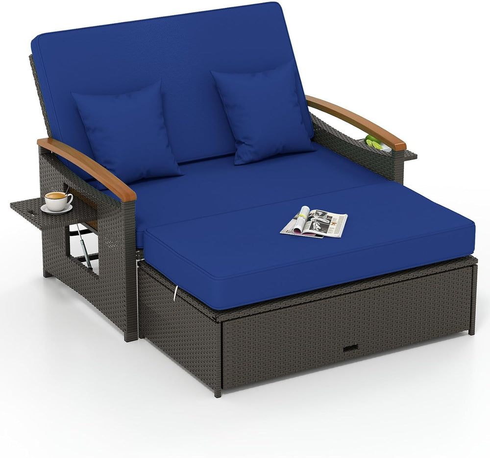 Tangkula Patio Rattan Daybed, Outdoor Wicker Loveseat, Mix Brown & Navy