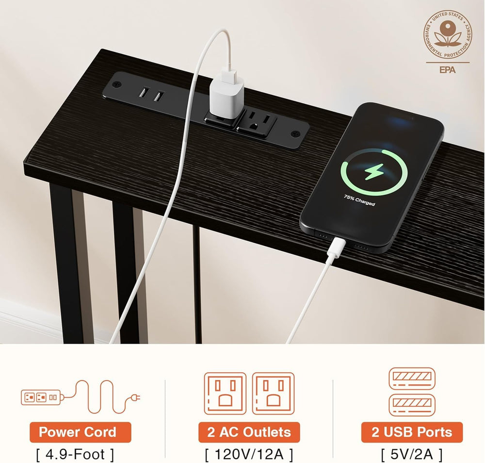 Keelian 102" Narrow Console Sofa Table - 2 Power Outlets & 4 USB Por...