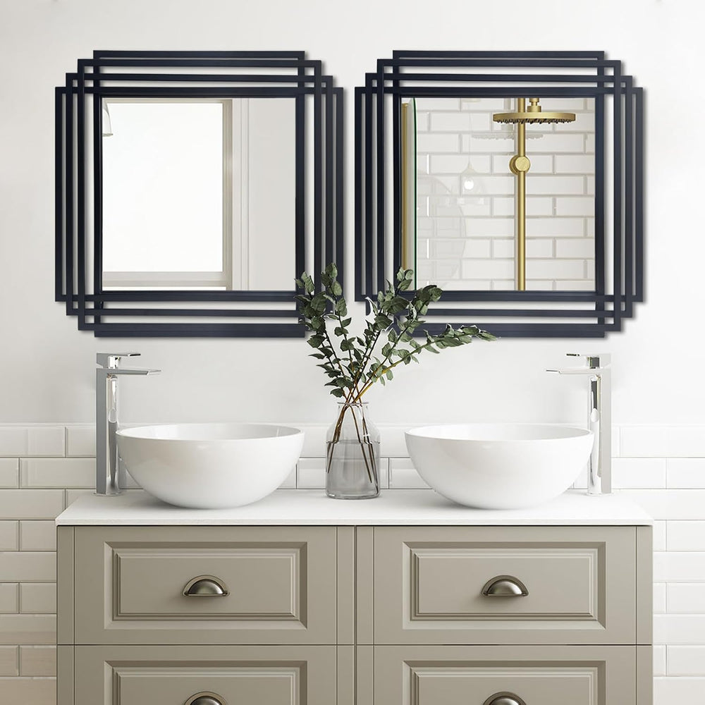 24"x24" Square Decorative Wall Mirror with Black Geometric Frame