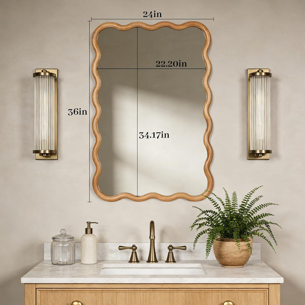 WallBeyond 24"x36" Wavy Wood Mirror, Natural Wood Boho Accent Wall ...