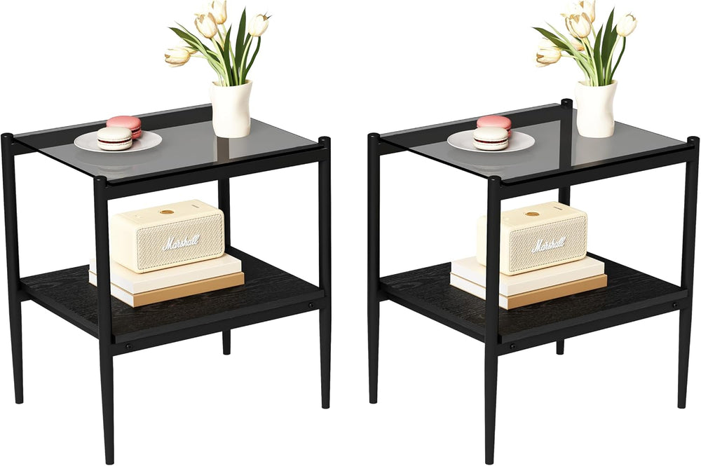 Modern Glass End Table, Tempered Glass Top, Sofa Side Table with MDF Storage ...