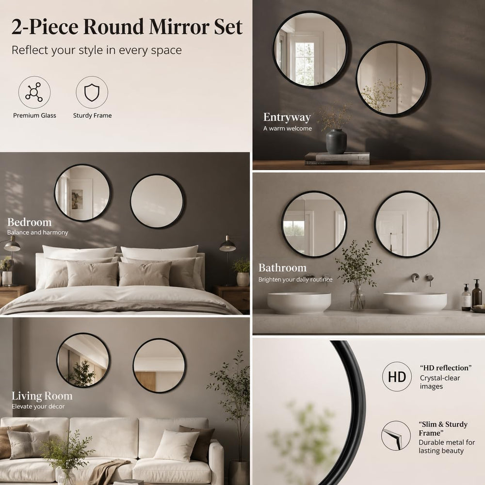 12"x12" Round Decorative Wall Mirror, 2 Pack Metal Framed Real Glas...