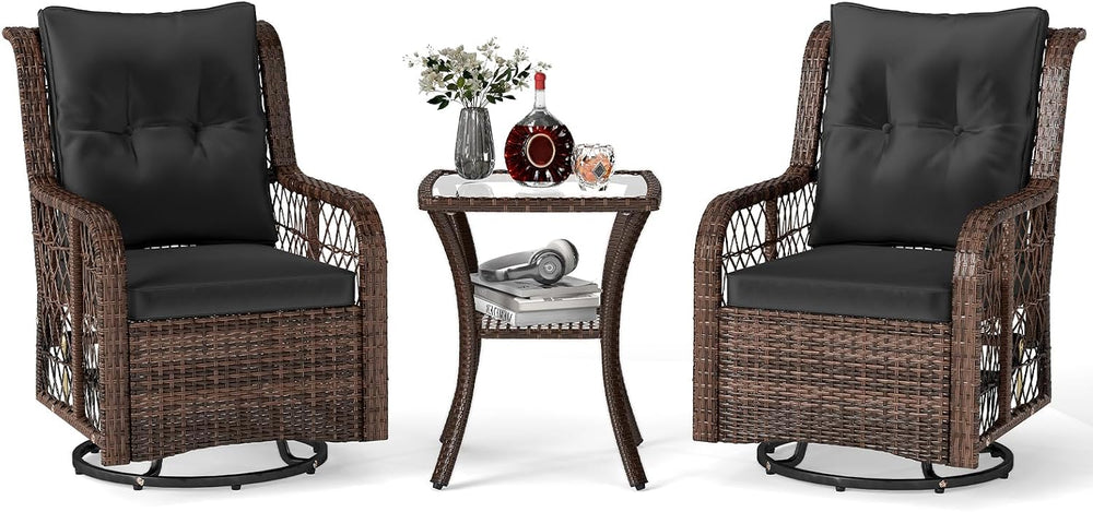 Tangkula 3 Pieces Outdoor Swivel Rocker Set, Rattan Wicker Patio Rocking Cush...