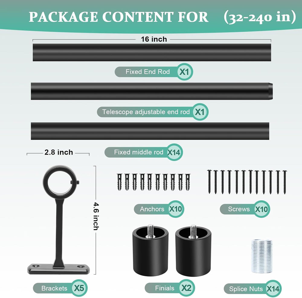 Extra Long Curtain Rods for Windows 120 to 240 Inches, Adjustable 1 Inch Blac...