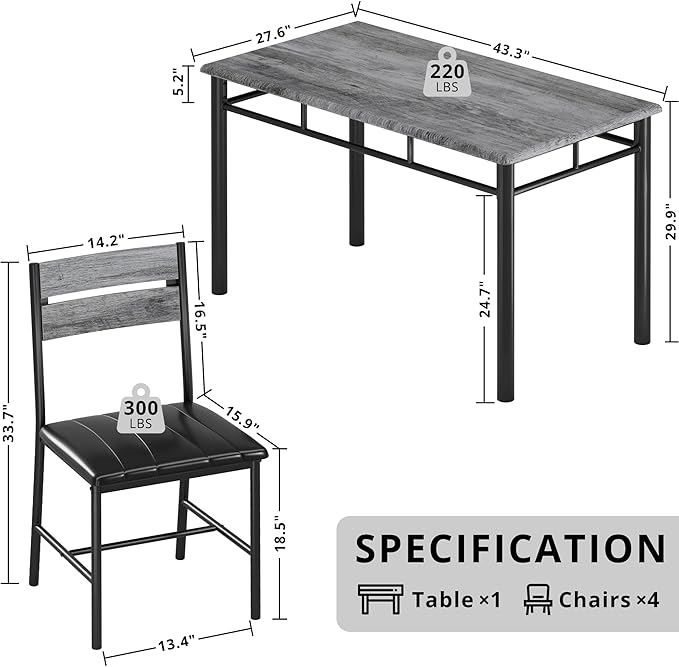 IRONCK Dining Table Set for 4, Wood Kitchen Table with Upholstered Chairs for...