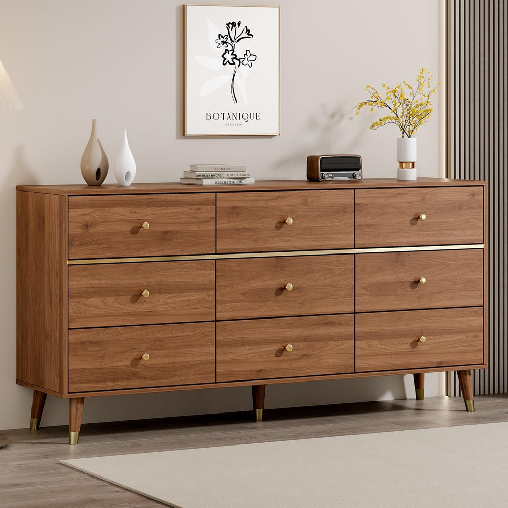 Chrangmay 9 Drawer Dresser,63" Wide Mid Century Modern Chest of Drawers,...