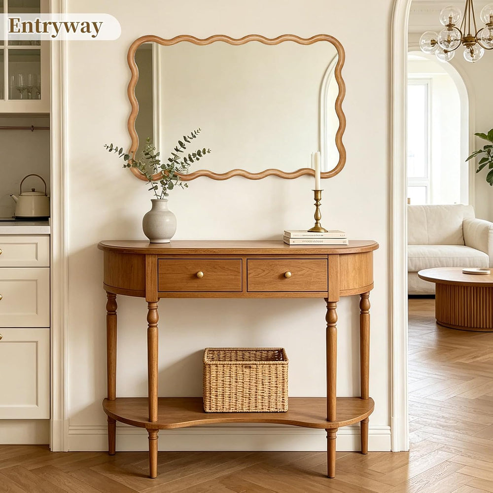 HOMECOOKIN 24"x36" Wavy Wood Mirror, Rectangular Wall Mirror with N...