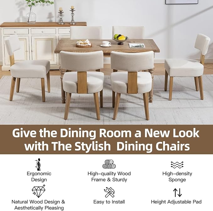 Dining Chairs, Fabric Upholstered Wood Kitchen Chairs Set of 6, Linen Curved ...