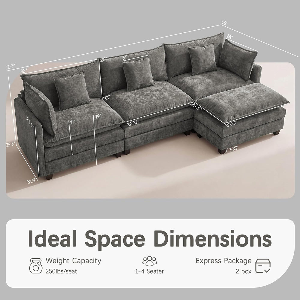 Modular Sectional Sofa 102" Oversized Cloud Couch with Ottoman