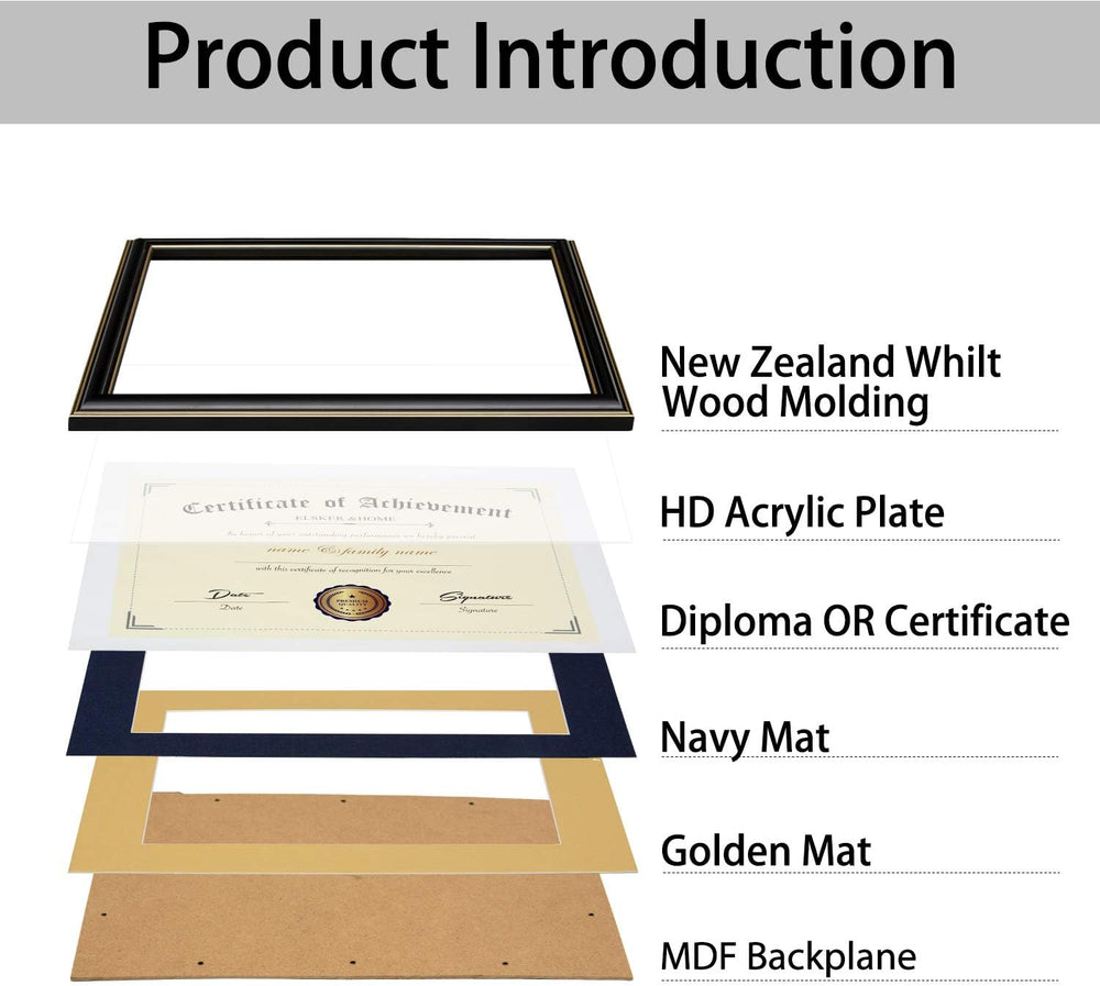 ELSKER&HOME 8.5x11 Diploma Frame with Navy Mat,Real Black Wood