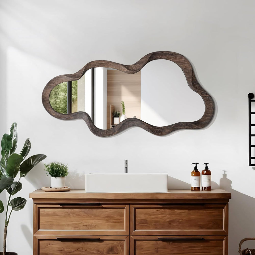 Large Asymmetrical Mirror, Wall Wood Frame Irregular Cloud Wavy Mirror