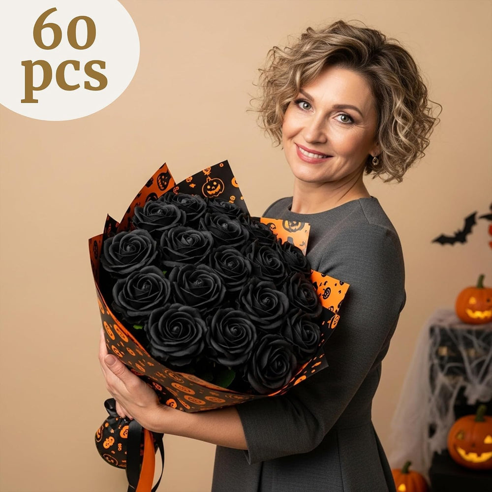 Auihiay 60PCS Black Roses, Fake Roses, Artificial Roses, Velvet Silk