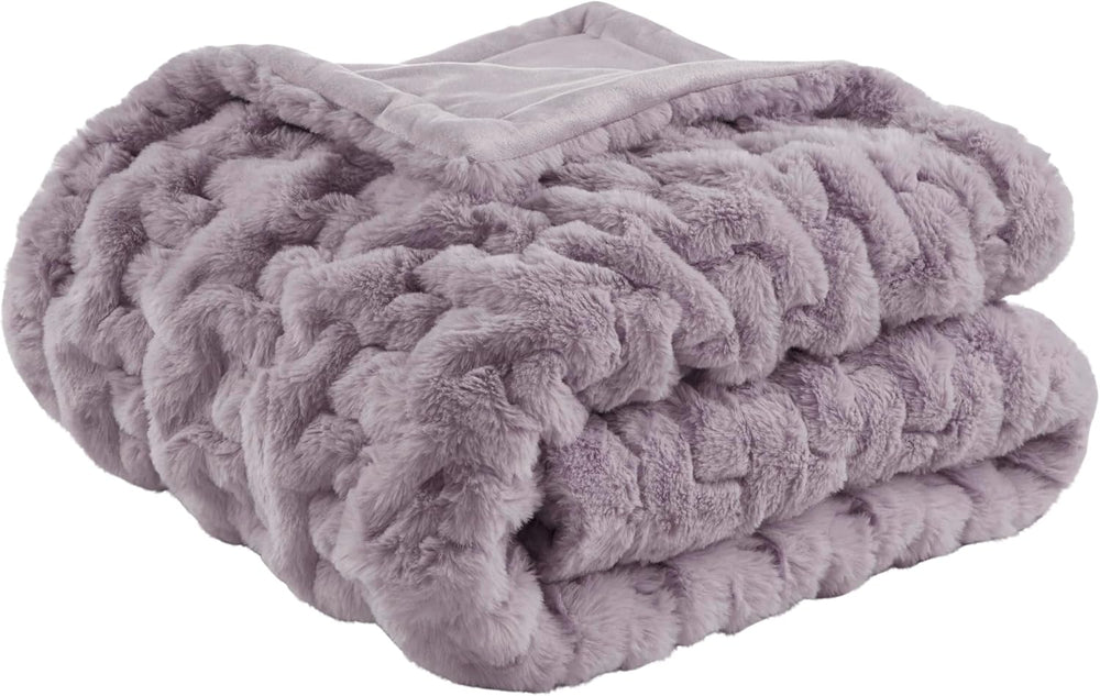 Madison Park Ruched Faux Fur Luxury Throw Lavender 50*60 Premium Soft Cozy Br...