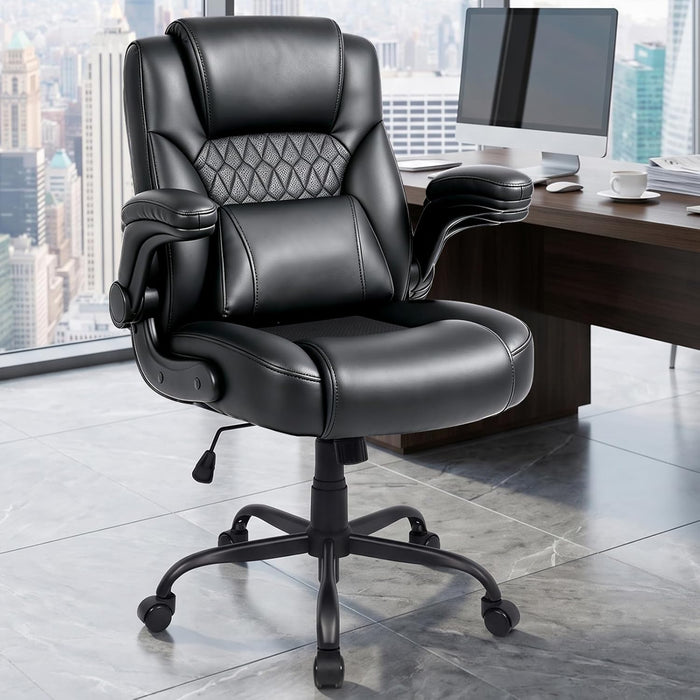 Home Office Chair with Lumbar Support, 5" Thickened Seat, Small PU Leather Rocking Desk Chair, Comfy Computer Chairs with Rolling Wheels & Adjustable Armrests for Adults, Black