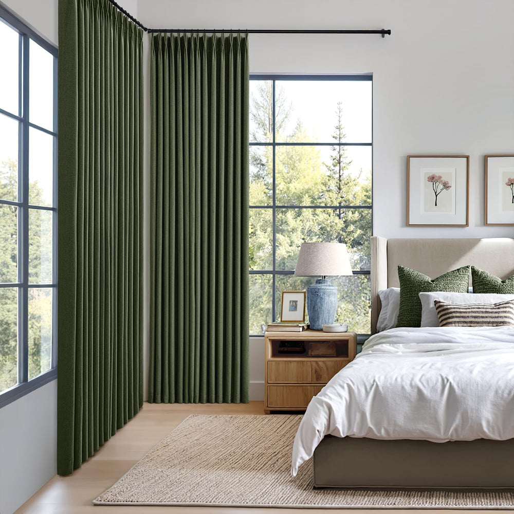 MIULEE Olive Green Pinch Pleated 100% Blackout Linen Curtains 40x90 Inches