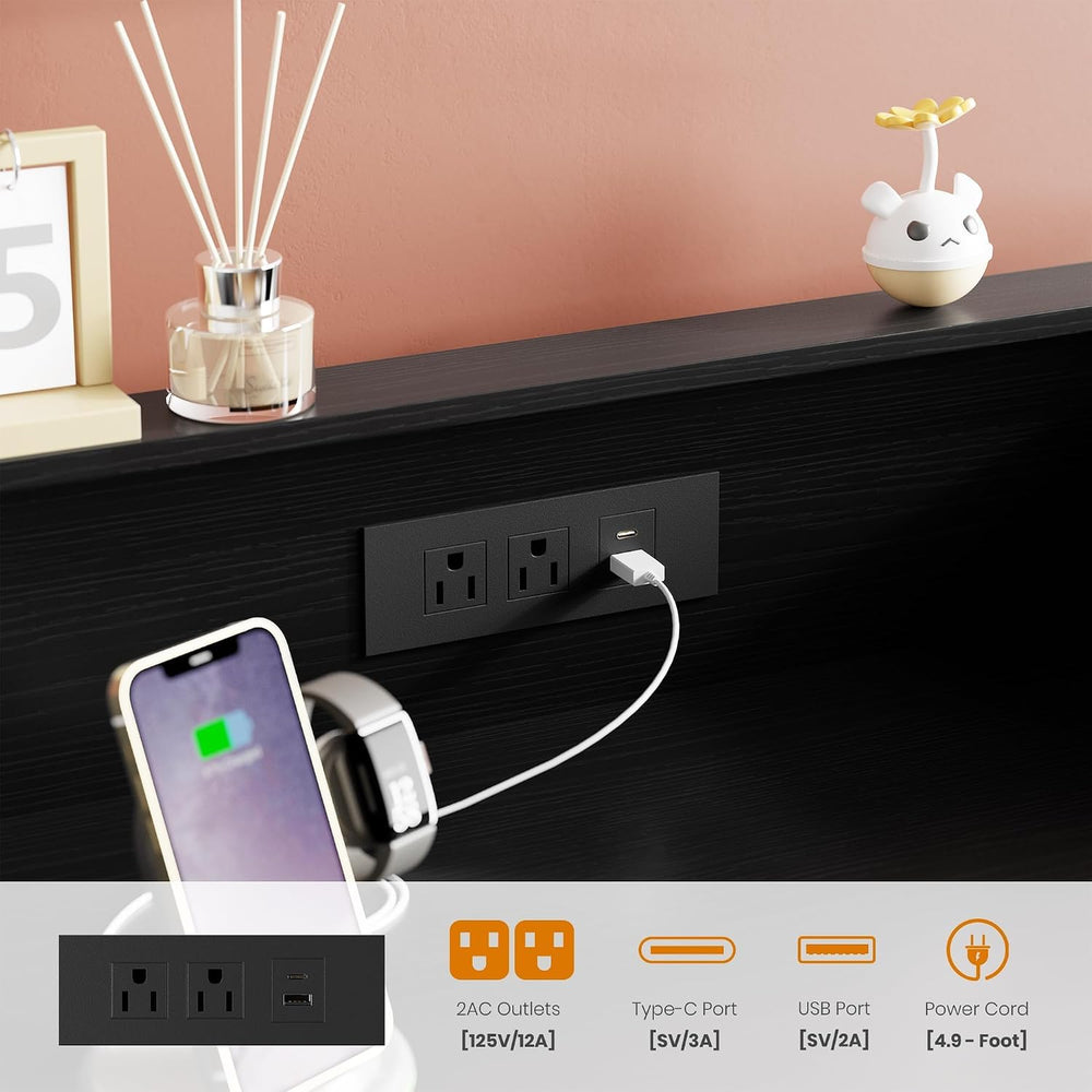 Garvee 5 Drawer Dresser with LED Light and Charging Station, Black