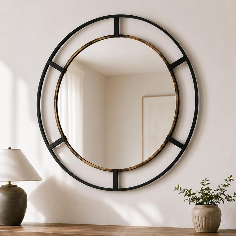30 Inch Round Wall Mirror, Black & Antique Gold, Bathroom, Entryway